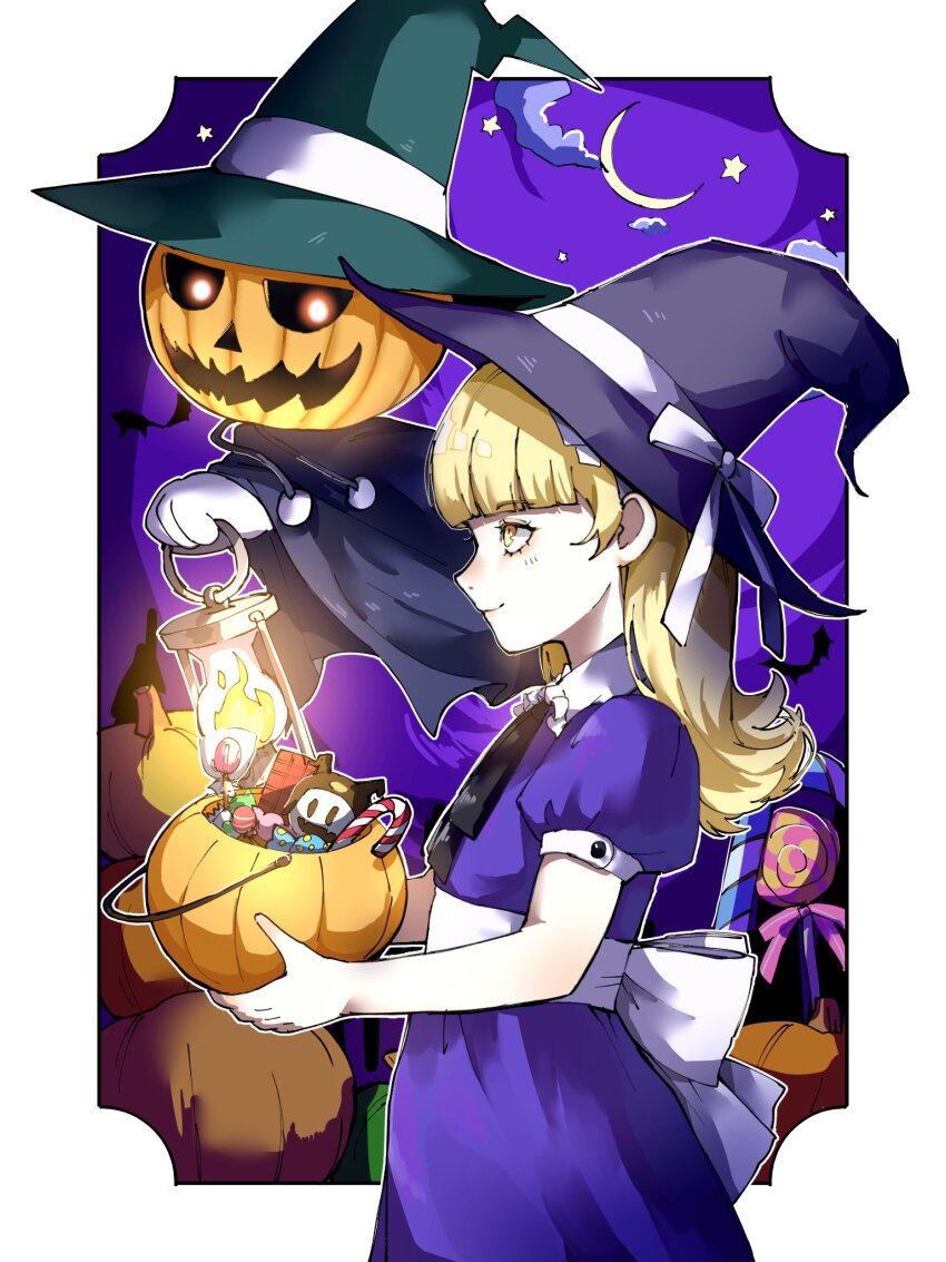 1girl 4me3ba_niku alice_(megami_tensei) black_hat blonde_hair blunt_bangs border candy closed_mouth crescent_moon dress floating food from_side halloween halloween_costume hat highres holding holding_lantern holding_pumpkin jack_frost_(megami_tensei) lantern long_hair looking_ahead moon outside_border pumpkin purple_dress purple_sky pyro_jack shin_megami_tensei sky smile standing star_(symbol) white_border witch_hat yellow_eyes