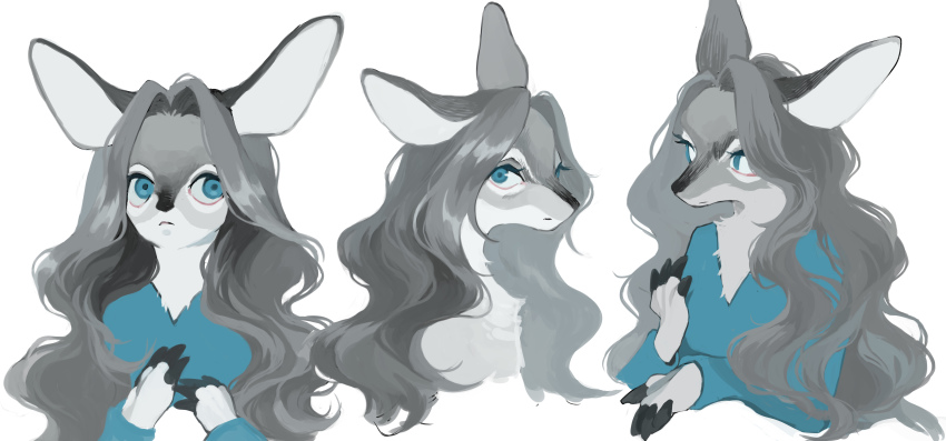 1girl absurdres animal_ears animal_hands animal_nose blue_eyes blue_shirt body_fur closed_mouth completely_nude cropped_torso deer_ears deer_girl female_focus flat_chest forehead furry furry_female grey_hair hair_intakes hand_up highres long_hair long_sleeves looking_at_viewer looking_to_the_side mayumochini multiple_views nude original own_hands_together shirt sideways_mouth simple_background snout upper_body v-neck white_background