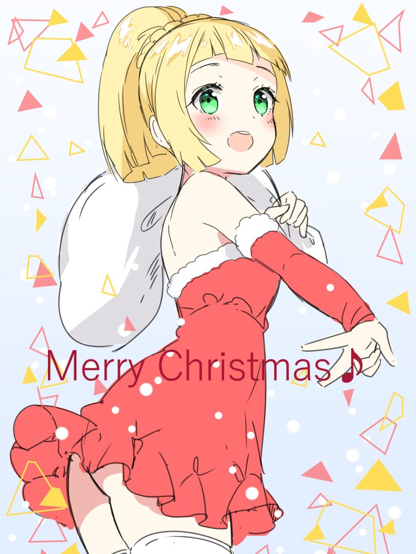 1girl :d absurdres ass bad_id bad_twitter_id bare_arms blonde_hair blue_background blunt_bangs blush braid breasts chitetan christmas cowboy_shot creatures_(company) detached_sleeves dress female_focus flat_ass fur_trim game_freak green_eyes high_ponytail highres holding lillie_(pokemon) long_sleeves merry_christmas musical_note nintendo open_mouth over_shoulder pokemon pokemon_sm ponytail_with_braided_base quaver red_dress sack santa_costume short_dress short_hair sidelocks sketch small_breasts smile snow solo standing strapless strapless_dress teeth text_focus thighhighs triangle v white_thighhighs