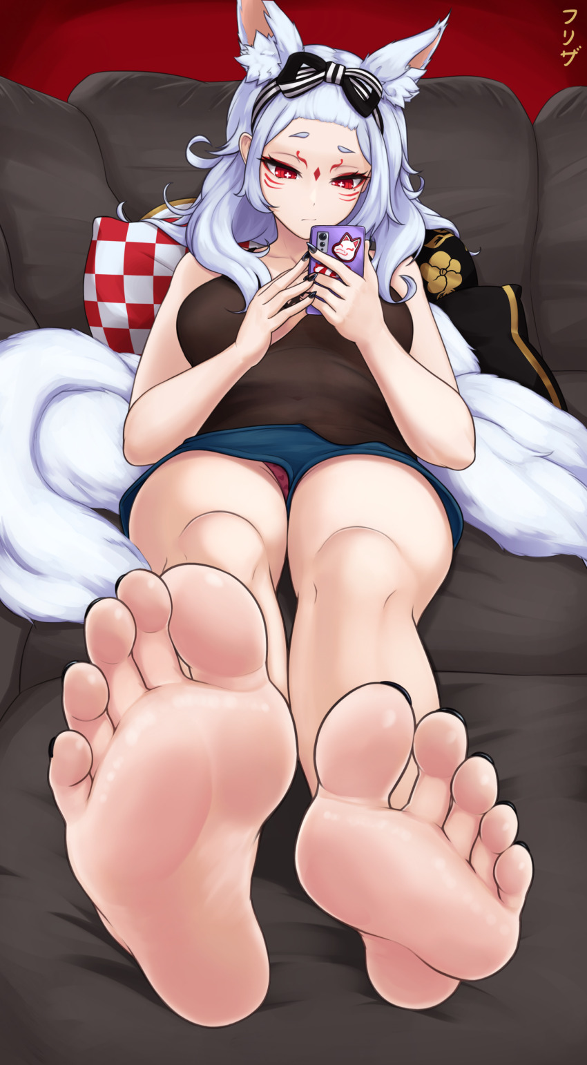 1girl absurdres animal_ears barefoot breasts cellphone efreezerarts feet highres long_hair looking_at_phone medium_breasts nijisanji nijisanji_en nina_kosaka panties pantyshot phone red_eyes smartphone soles toes underwear virtual_youtuber