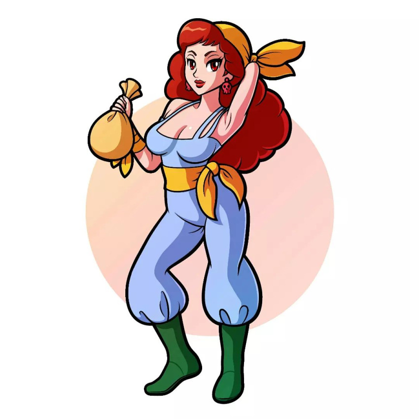 boots captain_syrup curly_hair earrings full_body green_footwear jewelry jf_illustration long_hair looking_at_viewer nintendo red_eyes red_hair red_lips wario_land wavy_hair