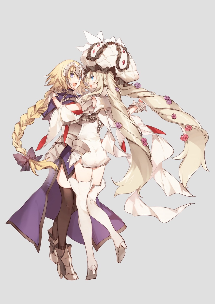 2girls :d armor armored_dress black_bow black_legwear blonde_hair blue_dress blue_eyes boots bow braid braided_ponytail chain dancing dress eye_contact fate/grand_order fate_(series) faulds flower full_body gloves grey_background hair_bow hair_flower hair_ornament hand_on_another&#039;s_shoulder hat headpiece high_heels highres holding_hands jeanne_d&#039;arc_(fate) jeanne_d&#039;arc_(ruler)_(fate) long_hair looking_at_another marie_antoinette_(fate) marie_antoinette_(third_ascension)_(fate) multiple_girls no-kan open_mouth pink_flower pink_rose ponytail purple_flower purple_rose rose short_dress silver_hair simple_background smile standing thigh_boots thighhighs very_long_hair white_dress white_footwear white_gloves white_headwear