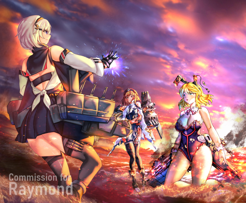 3girls anchor_hair_ornament animal_ears azur_lane bare_legs bare_shoulders birmingham_(azur_lane) black_legwear blonde_hair blood blood_from_mouth blue_eyes burning burnt cloak clothing_cutout cloud cloudy_sky crossover crotchless crotchless_pantyhose detached_sleeves fake_animal_ears flight_deck gauntlets hair_ornament hairband highres historical_event injury iron_man kneeling knees_together_feet_apart looking_at_another marvel metal_gloves multiple_girls pantyhose playboy_bunny princeton_(warship_girls_r) psychowolf rabbit_ears red_hair remodel_(warship_girls_r) reno_(azur_lane) short_hair shoulder_cutout silver_hair sky standing standing_on_liquid tearing_up thighhighs torn_clothes warship_girls_r white_cloak