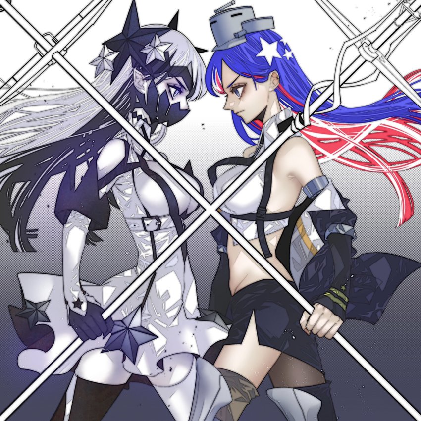 2girls anno88888 asymmetrical_legwear black_hair black_legwear blue_eyes blue_hair breasts closed_mouth colored_skin commentary elbow_gloves english_commentary from_side gloves headgear highres holding jacket kantai_collection large_breasts long_hair mask mismatched_legwear mouth_mask multicolored_hair multiple_girls new_southern_battleship_princess off_shoulder pale_skin pointy_ears profile purple_eyes red_hair single_leg_pantyhose single_thighhigh skirt south_dakota_(kancolle) thighhighs uneven_legwear white_hair white_legwear white_skin