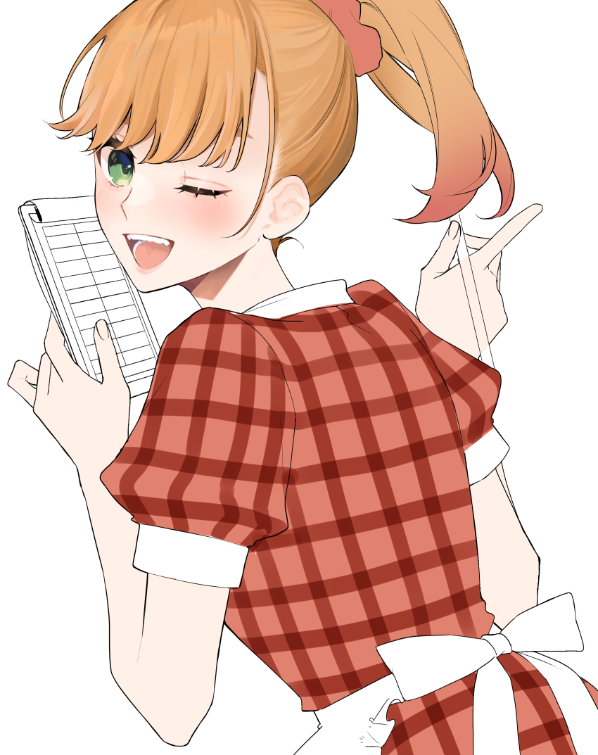 1girl ;d absurdres blonde_hair bustafellows green_eyes hair_ornament hair_scrunchie highres holding holding_pencil kui_game looking_at_viewer one_eye_closed open_mouth pencil plaid_clothes plaid_shirt ponytail red_scrunchie red_shirt scrunchie shirt smile teuta_(bustafellows) waitress white_background