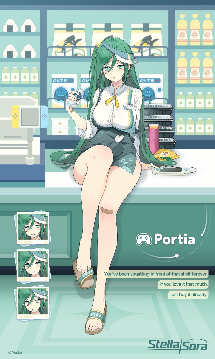 1girl apron aqua_eyes bags_under_eyes bandaid bandaid_on_knee bandaid_on_leg blush bottle breasts cash_register character_name cleavage collared_shirt commentary convenience_store copyright_name copyright_notice counter employee_uniform english_commentary english_text expressionless food_packaging full_body green_apron green_hair grey_skirt grin hair_between_eyes handheld_game_console highres holding holding_bottle holding_with_feet indoors knee_up large_breasts long_hair long_hair_between_eyes looking_at_viewer miniskirt mole mole_under_eye mole_under_mouth multiple_expressions multiple_moles multiple_views name_tag neck_ribbon object_in_pocket official_art one_side_up open_mouth parted_lips partially_unbuttoned plastic_bottle playstation_portable pocket portia_(stella_sora) ribbon sandals shirt shop sitting skirt smile solo_focus spoon stella_sora store_clerk sweatdrop thighs three-quarter_sleeves toes very_long_hair visor_cap water_bottle white_shirt yellow_ribbon