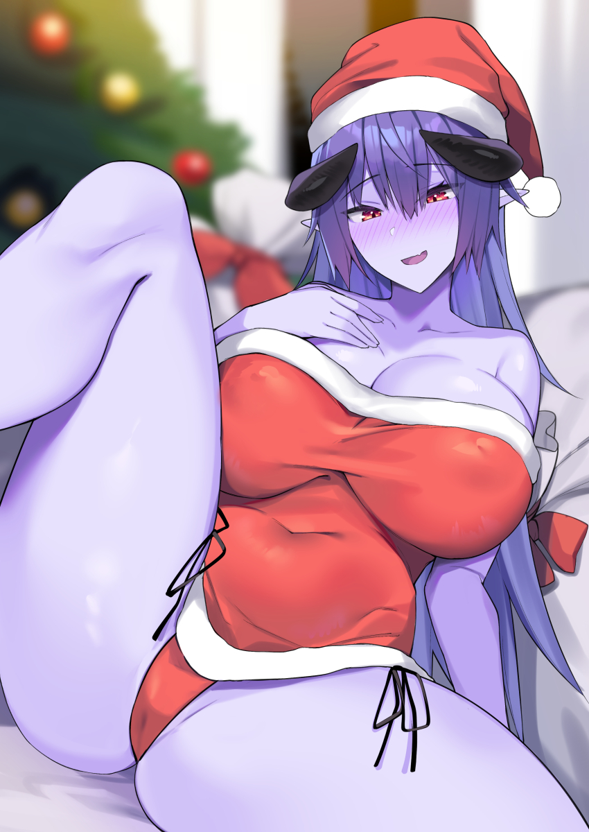 1girl absurdres arunira bare_shoulders black_horns blue_hair blurry blurry_background blush breasts brll christmas christmas_tree cleavage colored_skin commentary_request covered_navel dress fang hat highres horns large_breasts long_hair looking_at_viewer open_mouth original panties pointy_ears purple_skin red_dress red_eyes red_hat red_panties santa_hat sitting skin_fang solo thighs underwear