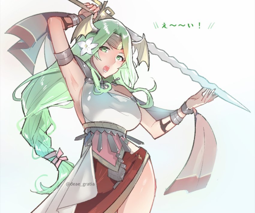 1girl alternate_costume ancient_greek_clothes armlet belly_chain bracelet braid breasts cape choker dancer dancer_(fire_emblem:_three_houses) dress fire_emblem fire_emblem:_three_houses flower greco-roman_clothes green_eyes green_hair hair_flower hair_ornament holding holding_weapon jewelry large_breasts long_hair nintendo open_mouth rhea_(fire_emblem) seiros_(fire_emblem) simple_background single-shoulder_dress solo sword sword_of_seiros weapon yomusugara_(uzo-muzo)