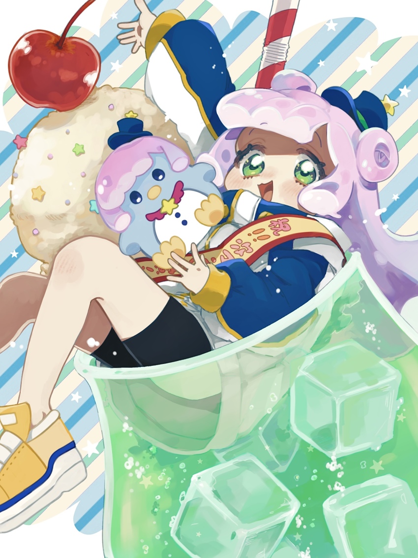 1girl :d arm_up bike_shorts blue_hat cherry cup double_bun food fruit gradient_hair green_eyes hair_bun hat highres ice ice_cream ice_cream_float ice_cube in_container in_cup jacket long_hair long_sleeves looking_at_viewer melon_soda mini_hat mini_top_hat monster_girl multicolored_hair nigako_(ooouch) open_mouth pink_hair puniru_(puniru_wa_kawaii_slime) puniru_wa_kawaii_slime purple_hair sash shoes shoulder_sash sitting slime_girl smile solo top_hat