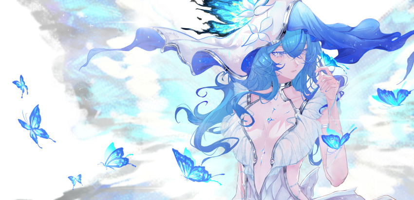 1girl :o absurdres bare_arms blue_butterfly blue_eyes blue_hair blue_nails blue_veil body_markings breasts bug butterfly butterfly_on_hand butterfly_wings collarbone colored_eyelashes cracked_skin dress frilled_dress frills glowing_butterfly hair_between_eyes highres insect insect_wings long_hair looking_at_hand looking_to_the_side low-cut medium_breasts nail_polish navel parted_lips sideless_dress solo stomach tacet_mark_(wuthering_waves) shorekeeper_(wuthering_waves) upper_body veil white_dress wings wuqin wuthering_waves