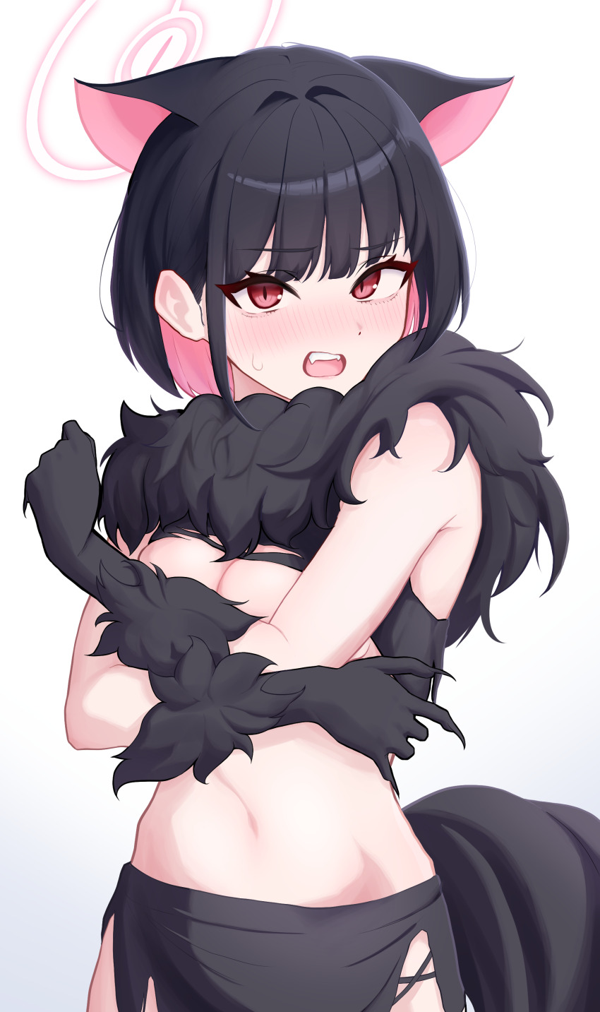 1girl absurdres animal_ears baksangmin black_gloves black_hair black_scarf black_skirt blue_archive blunt_bangs blush breasts cat_ears cat_girl cleavage colored_inner_hair commentary covering_breasts covering_privates cowboy_shot embarrassed extra_ears eyelashes fake_claws fangs fur-trimmed_gloves fur_scarf fur_trim gloves hair_intakes halloween_costume halo hands_up highres kazusa_(blue_archive) kazusa_(halloween)_(blue_archive) looking_at_viewer medium_breasts multicolored_hair navel nose_blush official_alternate_costume open_mouth pink_hair pink_halo red_eyes scarf short_hair simple_background skirt slit_pupils solo sweatdrop teeth tsurime upper_teeth_only werewolf_costume white_background