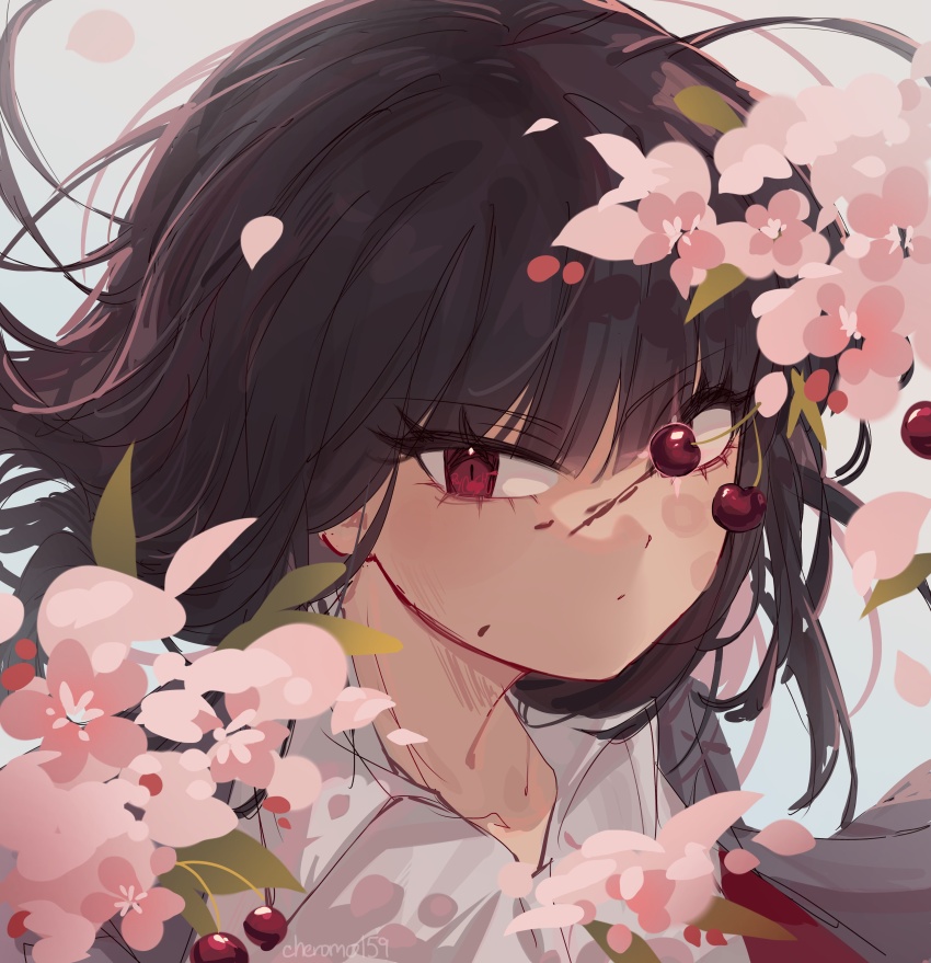 1girl absurdres black_hair bob_cut cheromo159 cherry cherry_blossoms collared_shirt food fruit highres limbus_company looking_at_viewer portrait project_moon red_eyes ryoshu_(project_moon) shirt short_hair simple_background solo white_background white_shirt