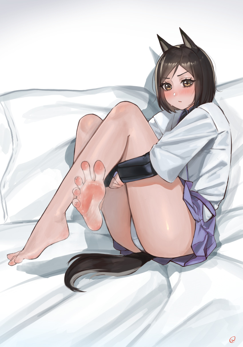 1girl absurdres animal_ears barefoot black_hair blush brown_eyes feet highres kuroda_kunika looking_at_viewer medium_hair nikishiko panties pantyshot soles steam strike_witches tail toes underwear world_witches_series