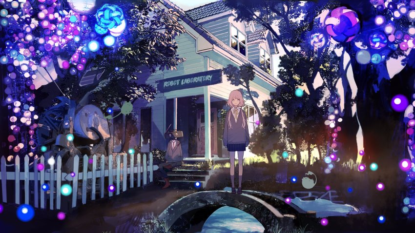 1boy 1girl absurdres black_skirt closed_mouth fence highres kukka long_hair looking_at_viewer original outdoors pink_eyes pink_hair sitting skirt smile stairs tree twintails watermark