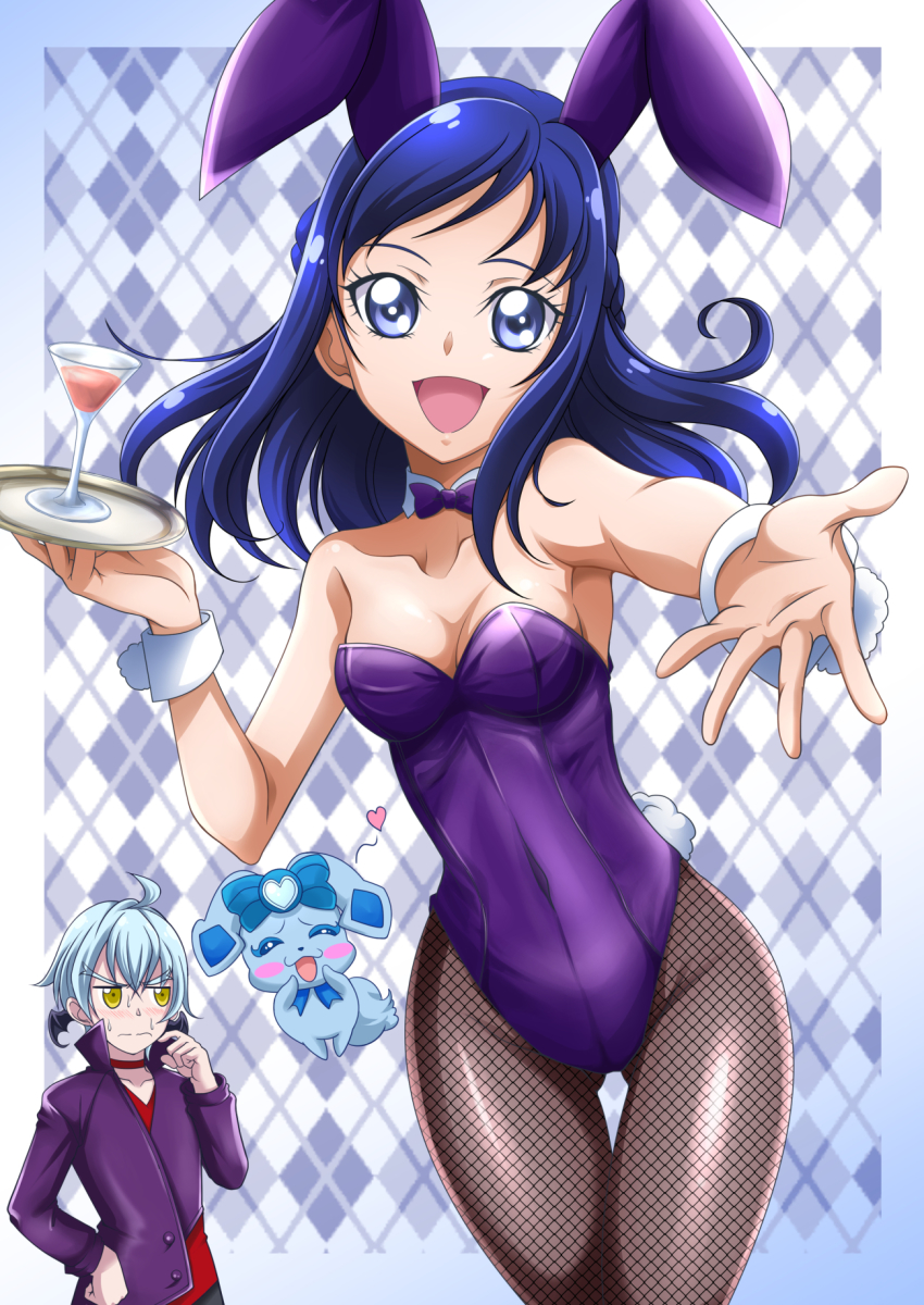 1boy 1girl :d animal_ears black_pantyhose blue_eyes blue_hair blush breasts choker cleavage collarbone cowboy_shot detached_collar dokidoki!_precure embarrassed fake_animal_ears fishnet_thighhighs fishnets floating_hair hand_on_own_hip hanzou heart highleg highleg_leotard highres hishikawa_rikka holding holding_plate ira_(dokidoki!_precure) jacket leotard long_hair looking_at_viewer open_mouth pantyhose plate playboy_bunny precure purple_jacket purple_leotard purple_neckwear rabbit_ears red_choker red_shirt shirt sideboob small_breasts smile standing strapless strapless_leotard swept_bangs thigh_gap thighhighs wrist_cuffs yellow_eyes