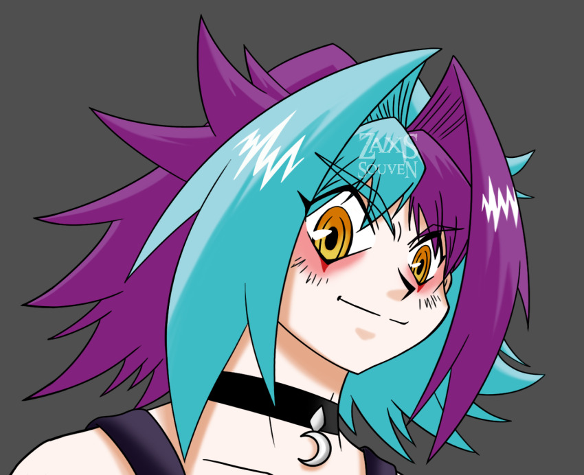 1boy bakuten_shoot_beyblade_rising beyblade beyblade_rising blue_hair closed_mouth collar deviantart_username hair_intakes kagami_futsuki looking_at_viewer medium_hair purple_hair smile solo trap upper_body watermark yellow_eyes zaxs_souven