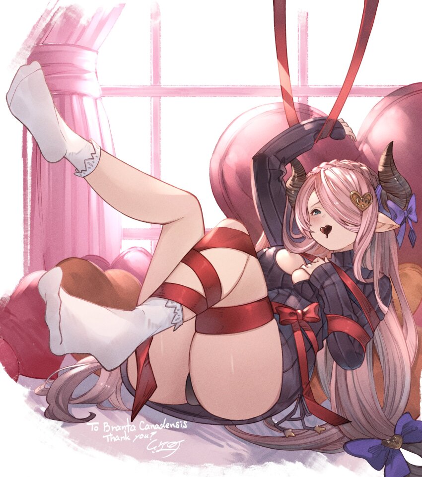 1girl ass ayacho bed_sheet blue_eyes braid breasts candy chocolate chocolate_heart cleavage cleavage_cutout clothing_cutout demon_horns draph food granblue_fantasy hair_over_one_eye heart heart-shaped_pillow highres horns large_breasts leg_wrap light_purple_hair long_hair looking_at_viewer lying mouth_hold narmaya_(granblue_fantasy) on_bed panties pillow pointy_ears red_ribbon ribbon single_braid sleeveless socks solo sweater underwear