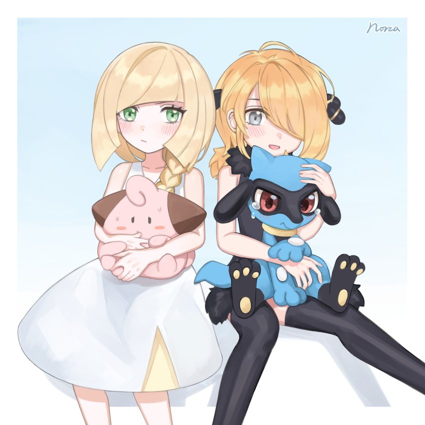 2girls aged_down bad_id bare_arms black_legwear blonde_hair blush blush_stickers braid cleffa closed_mouth commentary_request creatures_(company) crying cynthia_(pokemon) dress eyelashes game_freak gen_2_pokemon gen_4_pokemon green_eyes grey_eyes hair_ornament highres long_hair lusamine_(pokemon) multiple_girls nintendo norza open_mouth pokemon pokemon_(creature) pokemon_dppt pokemon_sm riolu single_braid sleeveless sleeveless_dress smile sweat tears thighhighs thumb_sucking white_dress