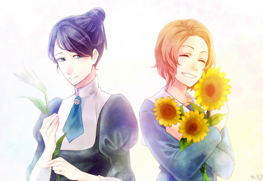 2girls bad_id bad_pixiv_id black_hair bleach blue_eyes closed_eyes flower hair_bun juliet_sleeves katagiri_kanae kurosaki_masaki long_sleeves multiple_girls orange_hair puffy_sleeves ronisuke short_hair single_hair_bun smile sunflower