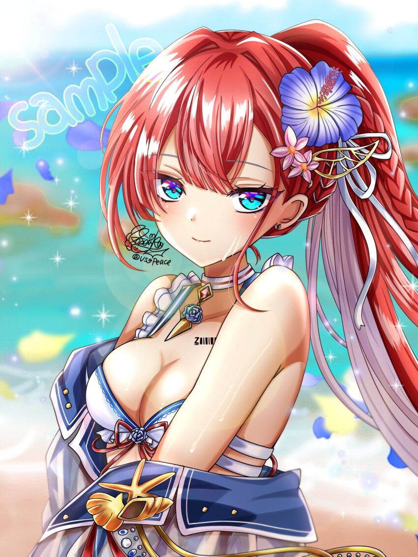 1girl barcode barcode_tattoo bikini braid braided_ponytail choker flower hair_flower hair_ornament highres image_sample jacket jacket_partially_removed kiara_(shironeko_project) looking_at_viewer multicolored_eyes official_alternate_costume ponytail red_hair shironeko_project solo swimsuit tattoo twitter_sample usgpeace white_bikini