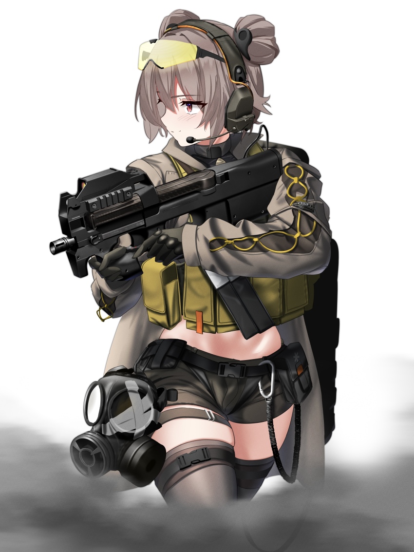 1girl absurdres arena_breakout black_gloves black_thighhighs blush brown_hair brown_jacket bullpup carabiner closed_mouth commentary_request commission double_bun ear_protection eyewear_on_head gas_mask girls&#039;_frontline gloves gun hair_bun highres holding holding_gun holding_weapon jacket load_bearing_vest looking_to_the_side mask microphone midriff military official_alternate_costume p90 p90_(girls&#039;_frontline) pixiv_commission pouch red_eyes rynn_(rynn_cube) short_hair short_shorts shorts simple_background skindentation smile smoke solo submachine_gun tactical_clothes thighhighs tinted_eyewear trigger_discipline weapon white_background yellow-tinted_eyewear