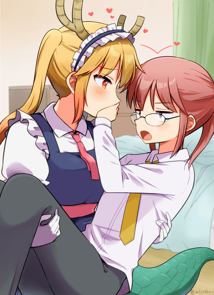 2girls bed black_pants blonde_hair blush breasts carrying collar collared_shirt commentary_request covering_another&#039;s_mouth dragon_girl dragon_horns dragon_tail flat_chest glasses gloves heart highres horns indoors kobayashi-san_chi_no_maidragon kobayashi_(maidragon) large_breasts long_hair long_sleeves looking_at_another maid maid_headdress merukyara multiple_girls necktie open_mouth orange_eyes pants pink_hair pink_necktie ponytail princess_carry puffy_short_sleeves puffy_sleeves shirt short_sleeves sidelocks tail tohru_(maidragon) twintails twitter_username white_collar white_gloves yellow_shirt yuri