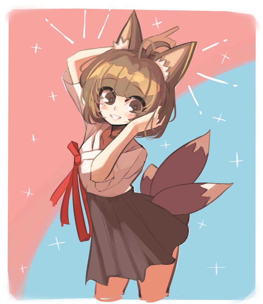 +_+ 1girl animal_ears bare_legs black_skirt blue_background blush border brown_eyes brown_hair cropped_legs dungeon_and_fighter flat_chest fox_ears fox_girl fox_tail hand_in_own_hair hands_up highres hwaryeok japanese_clothes kimono looking_down medium_hair red_background red_ribbon ribbon skirt smile solo tail teeth tri_tails two-tone_background white_border