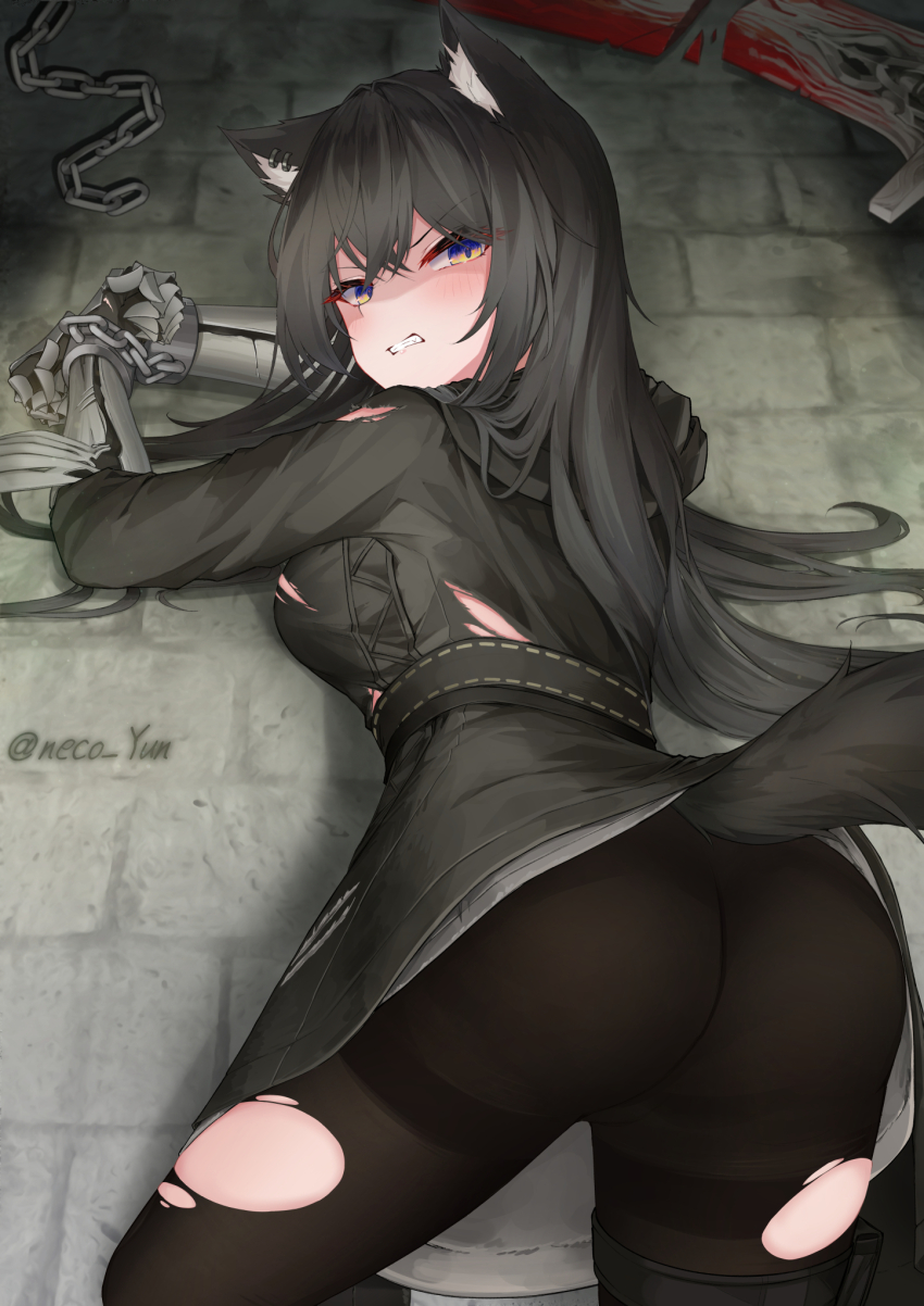 1girl angry animal_ear_piercing animal_ears arknights ass black_dress black_hair black_pantyhose blue_eyes blush breasts brick_floor broken broken_sword broken_weapon commentary_request cuffs dress hair_intakes handcuffs highres looking_at_viewer looking_back lying medium_breasts multicolored_eyes on_floor on_stomach pantyhose restrained shackles solo sword tail teeth texas_(arknights) texas_the_omertosa_(arknights) texas_the_omertosa_(wingbreaker)_(arknights) thigh_strap torn_clothes torn_dress torn_pantyhose upskirt weapon wolf_ears wolf_girl wolf_tail yellow_eyes yeosi