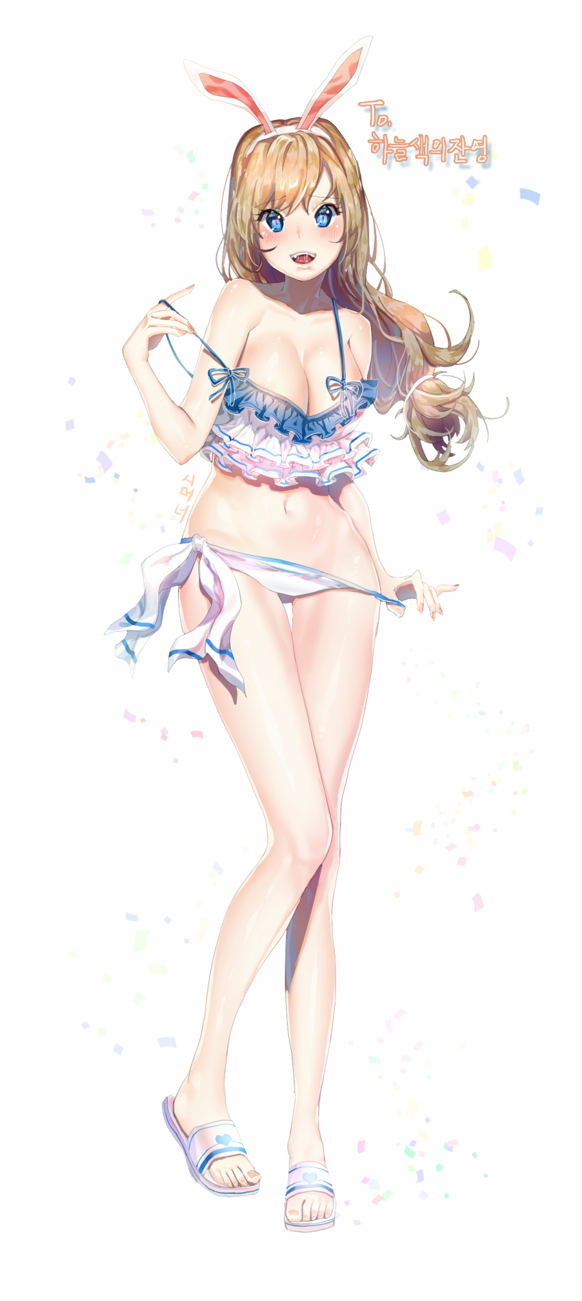 1girl absurdres animal_ears areola_slip bad_id bad_pixiv_id bikini_pull blue_eyes blush breasts brown_hair clothes_pull cyphers fake_animal_ears female_focus full_body hairband highres k2h large_breasts long_hair looking_at_viewer low-tied_long_hair open_mouth rabbit_ears risa_(cyphers) saliva slippers solo strap_pull