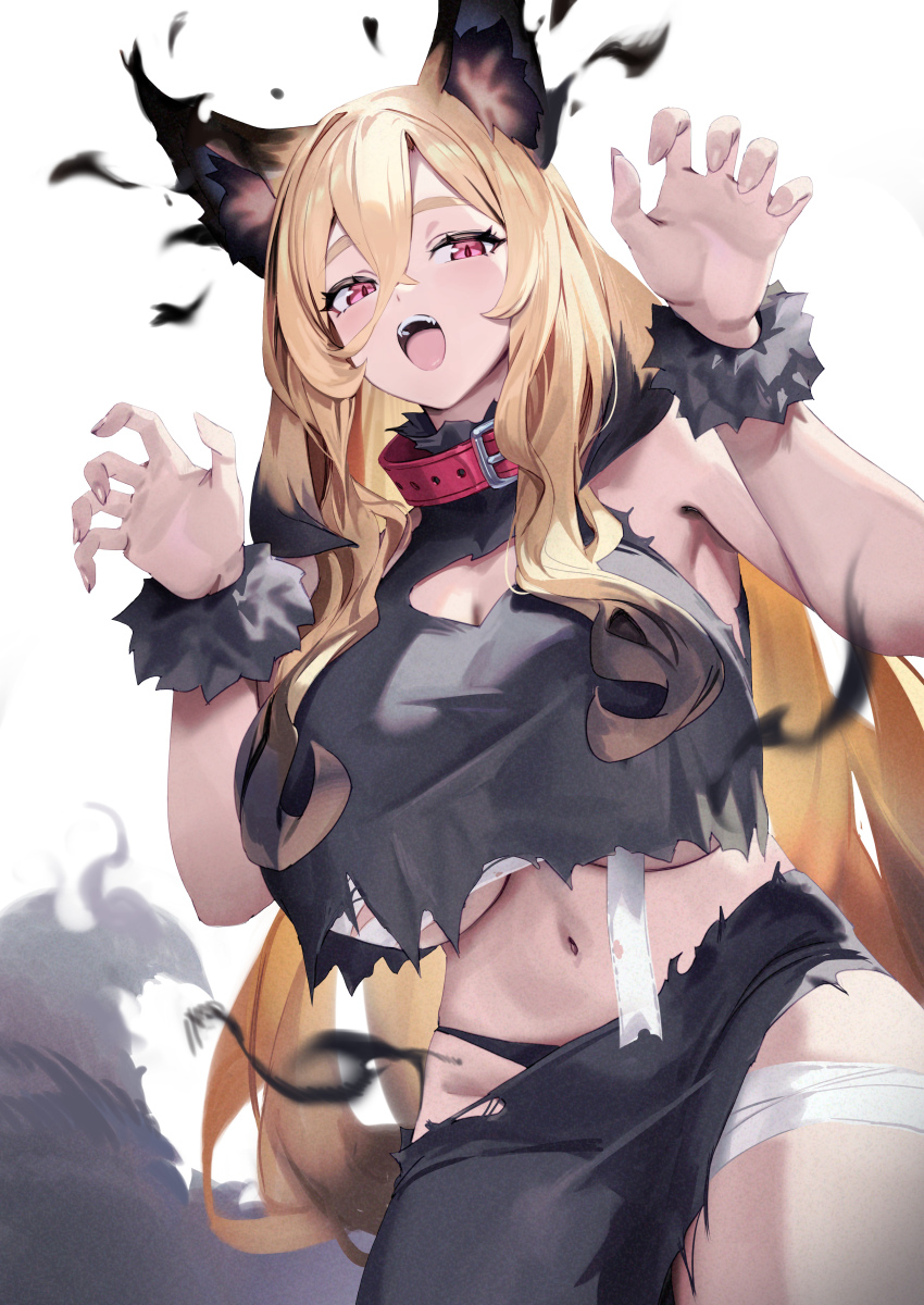 1girl absurdres animal_ears bandages blonde_hair breasts cleavage cleavage_cutout clothing_cutout collar fingernails gesoking hair_between_eyes halloween highres large_breasts long_hair looking_at_viewer navel open_mouth original red_collar red_eyes simple_background solo tail upper_body white_background