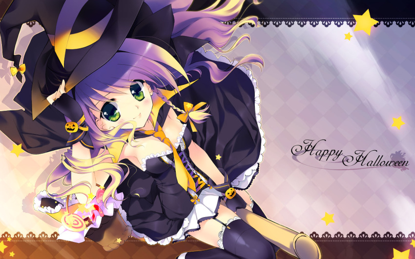 1girl black_thighhighs broom broom_riding female_focus fingerless_gloves garter_belt gloves green_eyes halloween happy_halloween hat highres jack-o&#039;-lantern looking_up necktie original pumpkin purple_hair rei_(artist) rei_(rei&#039;s_room) smile solo star_(symbol) thighhighs witch_hat