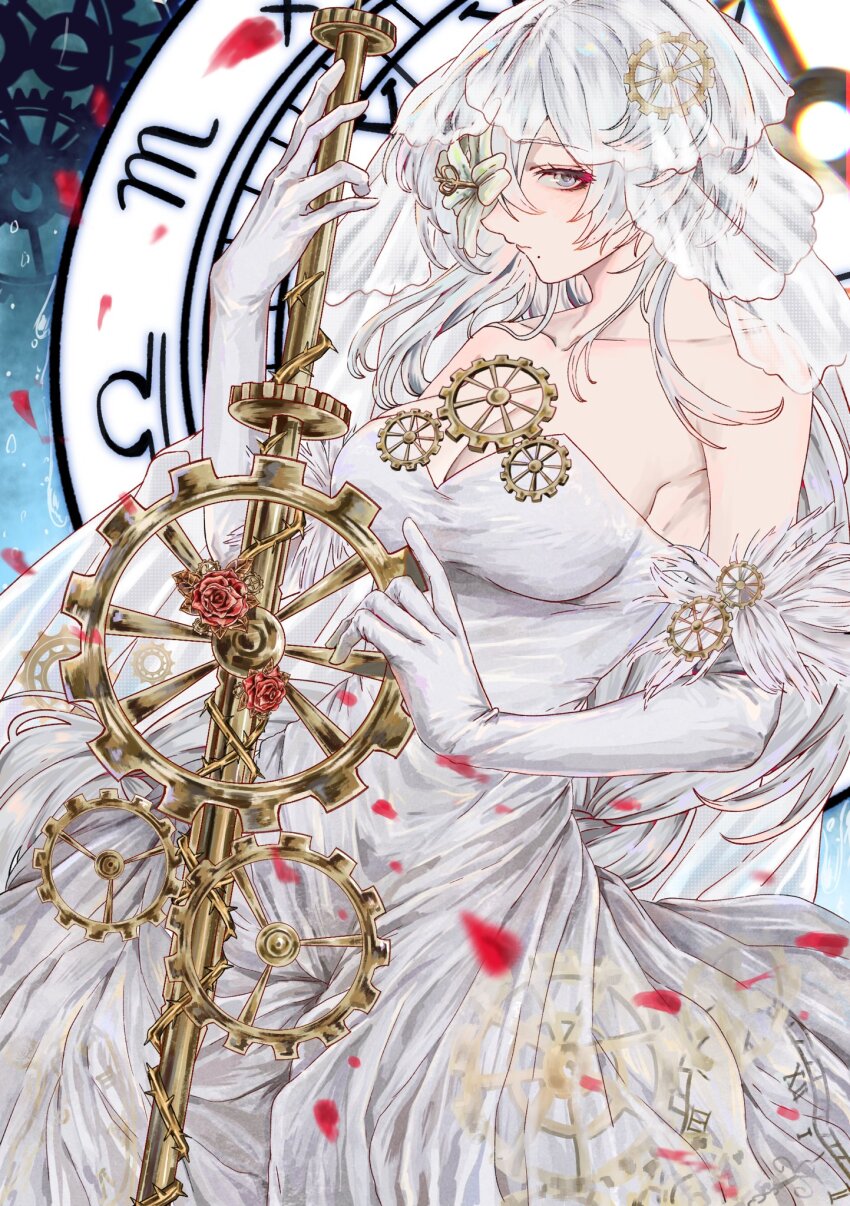 1girl breasts bridal_veil bride cleavage collarbone commission dress e.g.o_(project_moon) elbow_gloves everlasting_(e.g.o) faust_(project_moon) flower gear_hair_ornament gears gloves grey_eyes highres holding holding_sword holding_weapon klack_rodyalove large_breasts long_hair mole mole_under_mouth original petals project_moon red_flower red_rose rose rose_petals second-party_source skeb_commission solo sword veil weapon wedding_dress white_dress white_gloves white_hair