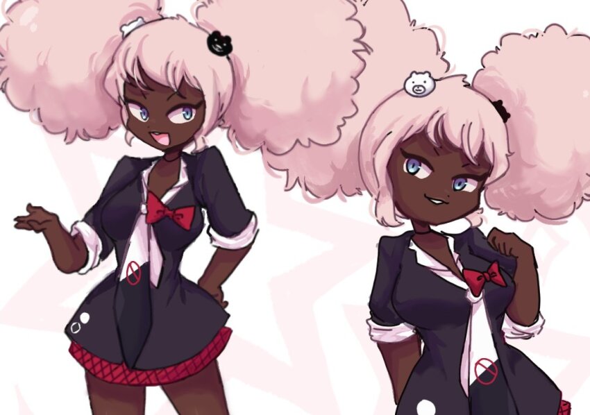 1girl afro afro_puffs bear_hair_ornament black_shirt blonde_hair blue_eyes bow bowtie breasts danganronpa_(series) danganronpa_another_episode:_ultra_despair_girls dark-skinned_female dark_skin eyebrows eyelashes hair_ornament hand_up large_breasts long_hair looking_at_viewer multiple_views necktie open_mouth red_bow red_skirt second_generation_enoshima_junko shirt short_sleeves simple_background skirt standing teeth tongue upper_teeth_only white_background z_zmag8