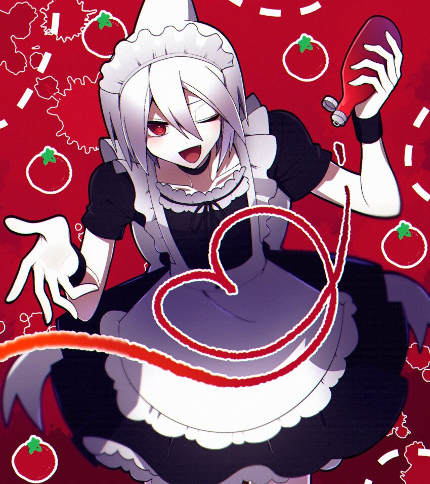 1boy back_bow black_choker black_dress black_outline black_ribbon black_wrist_cuffs bottle bow choker collarbone colored_skin dress fang from_above funamusea highres holding holding_bottle hoshimi_(hosizorarara) ketchup maid maid_headdress one_eye_closed oounabara_to_wadanohara open_mouth outline red_background red_eyes ribbon shark_boy shark_fin short_hair solo syakesan_(funamusea) tomato tomato_sauce trap white_bow white_hair white_skin wrist_cuffs