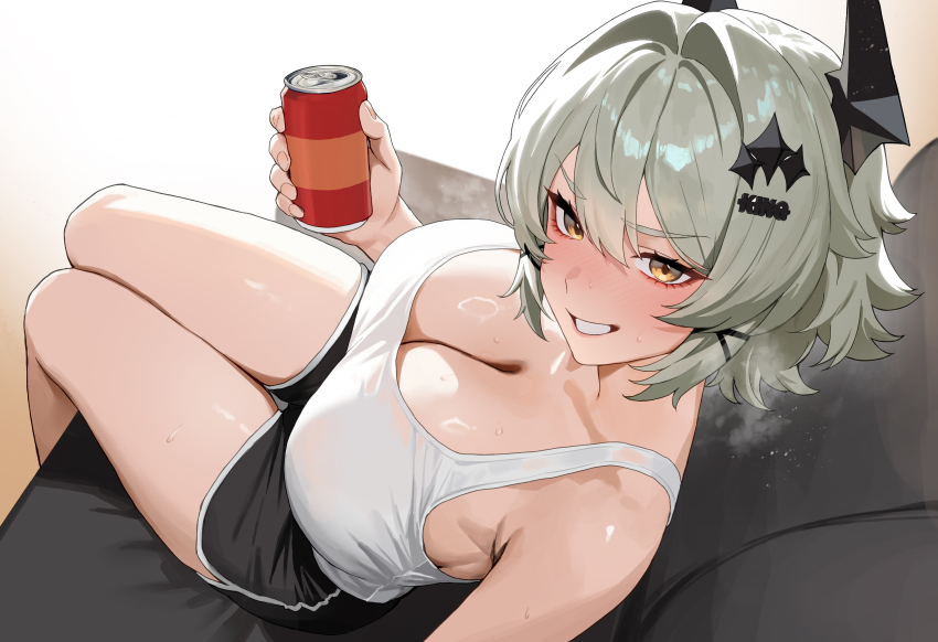 1girl absurdres black_horns black_shorts breasts caesar_king_(zenless_zone_zero) camisole can cleavage commentary_request couch dolphin_shorts drink_can from_above green_hair hair_ornament highres holding holding_can horns korean_commentary large_breasts mokopan on_couch open_mouth revision short_hair shorts sitting solo teeth textless_version thighs white_camisole yellow_eyes zenless_zone_zero