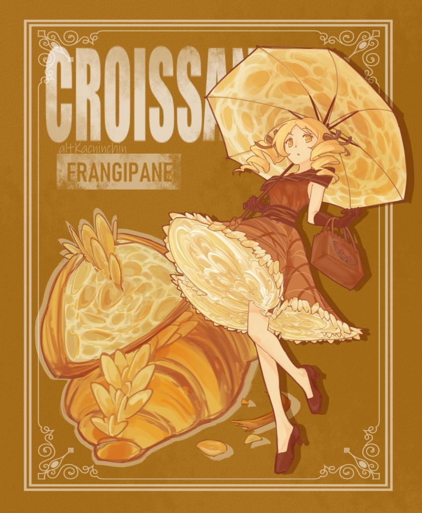 1girl :o ahuangayi alternate_costume artist_name bag bare_legs blonde_hair border brown_background brown_bag brown_dress brown_footwear brown_gloves chinese_commentary commentary_request croissant dot_nose dress drill_hair elbow_gloves flower_hairpin food french_text frilled_dress frills full_body gloves hair_ornament hair_over_shoulder hairpin handbag high_heels highres holding holding_umbrella knees long_hair looking_at_viewer mahou_shoujo_madoka_magica mahou_shoujo_madoka_magica_(anime) medium_dress open_mouth ornate_border petticoat shadow short_sleeves solo tomoe_mami twin_drills umbrella umbrella_over_shoulder wheat yellow_eyes yellow_umbrella