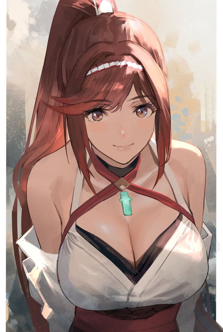 1girl bare_shoulders breast_focus breasts chest_jewel cleavage close-up core_crystal_(xenoblade) criss-cross_halter detached_sleeves female_focus glimmer_(xenoblade) halterneck high_ponytail highres j@ck japanese_clothes kimono large_breasts long_hair looking_at_viewer ponytail red_hair smile solo swept_bangs white_kimono wide_sleeves xenoblade_chronicles_(series) xenoblade_chronicles_3 xenoblade_chronicles_3:_future_redeemed