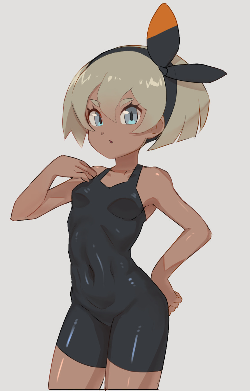 1girl bea_(pokemon) black_bodysuit black_hairband blue_eyes bodysuit bow_hairband breasts covered_navel cowboy_shot creatures_(company) dark-skinned_female dark_skin game_freak grey_hair gym_leader hairband highres nintendo nyonn24 pokemon pokemon_swsh shiny_clothes short_hair small_breasts solo