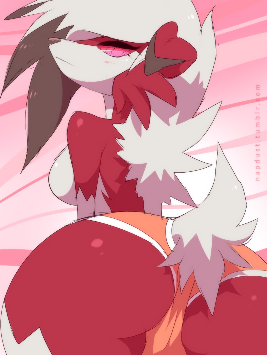 1girl animal_ears artist_name ass blush breasts cameltoe colored_sclera creatures_(company) dog_ears dog_tail female_focus from_behind furry furry_female game_freak gen_7_pokemon half-closed_eyes highres huge_ass large_breasts looking_back looking_to_the_side lycanroc multicolored_hair napdust nintendo orange_panties panties pink_background pink_eyes pink_sclera pokemon pokemon_(creature) pokemon_sm simple_background solo tail text_focus topless two-tone_hair underwear underwear_only watermark web_address white_hair