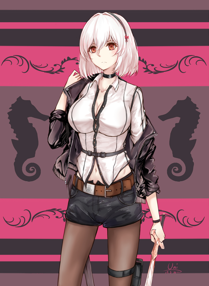 1girl absurdres alternate_costume azur_lane belt breasts buttons choker cleavage collarbone collared_shirt commentary_request cowboy_shot expressionless fish hair_between_eyes headband highres holding holding_sword holding_weapon large_breasts leather_shorts leg_holster midriff_peek navel pantyhose red_eyes seahorse shirt short_hair short_shorts shorts sirius_(azur_lane) solo standing sword unique_(pixiv12704744) weapon white_hair