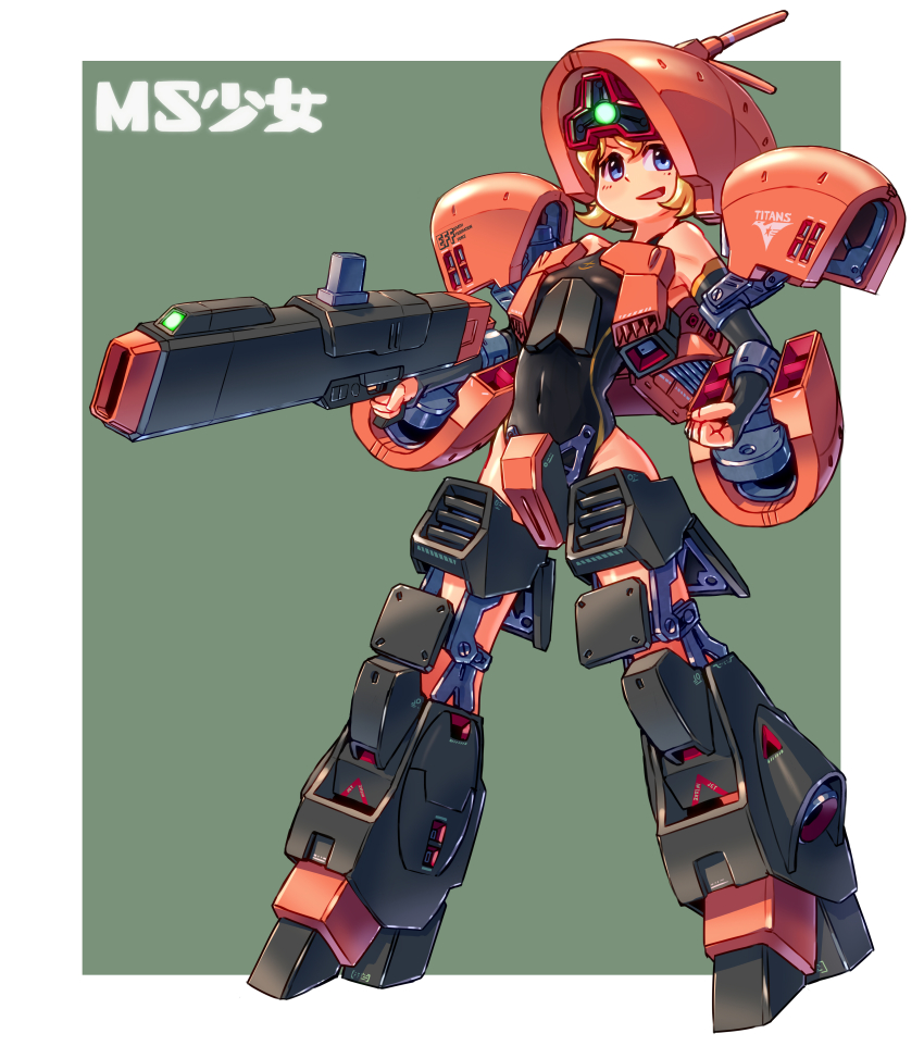 1girl absurdres ag_00000 asshimar blonde_hair blue_eyes floating gun gundam highres holding holding_gun holding_weapon looking_to_the_side mecha_musume personification short_hair solo weapon zeta_gundam