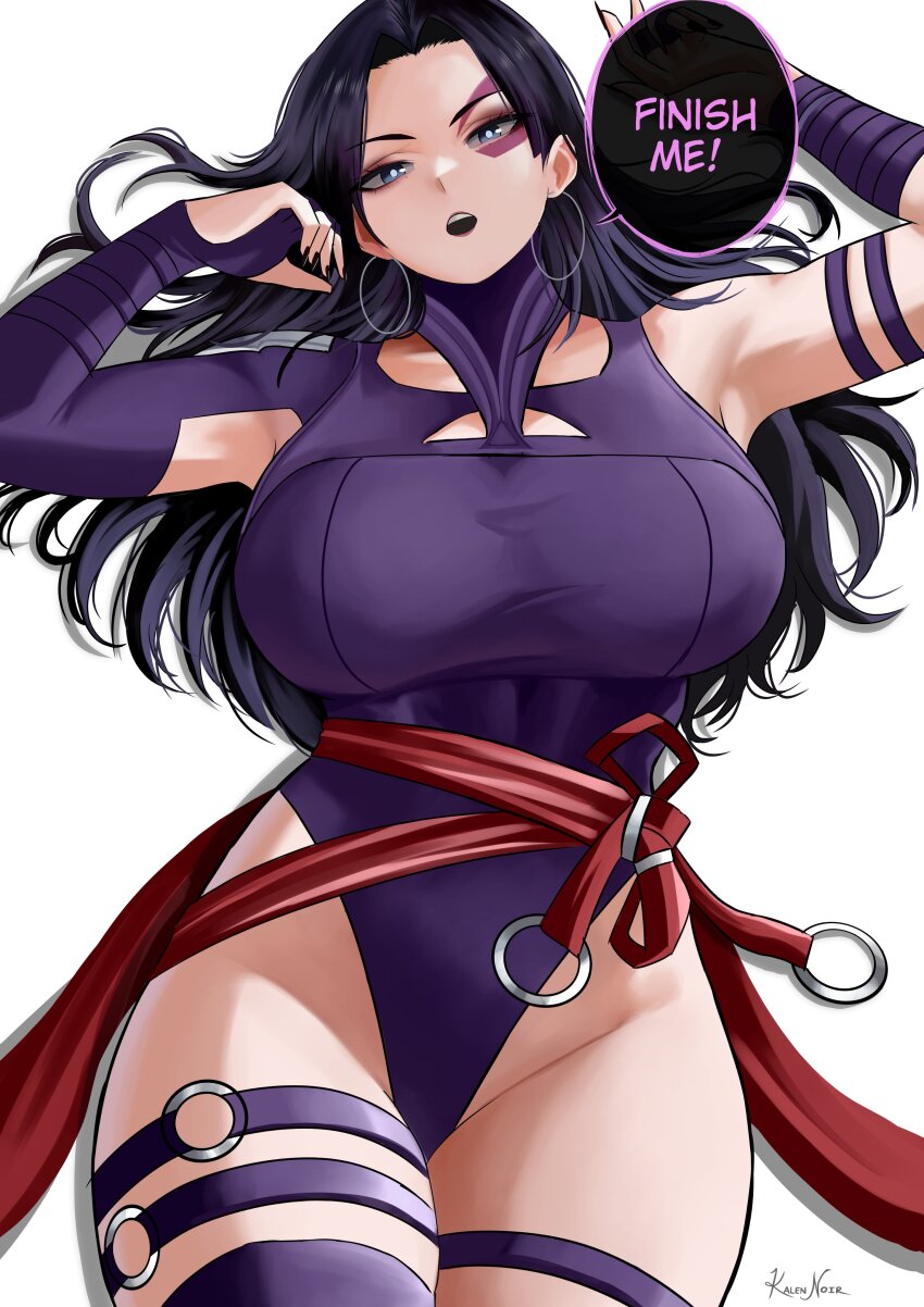 1girl absurdres black_hair breasts bright_pupils facial_mark gloves highleg highleg_leotard highres kalennoir large_breasts leotard long_hair looking_at_viewer marvel marvel_rivals o-ring open_mouth psylocke psylocke_(vengeance) sash solo superhero_costume teeth thigh_strap thighhighs upper_teeth_only x-men