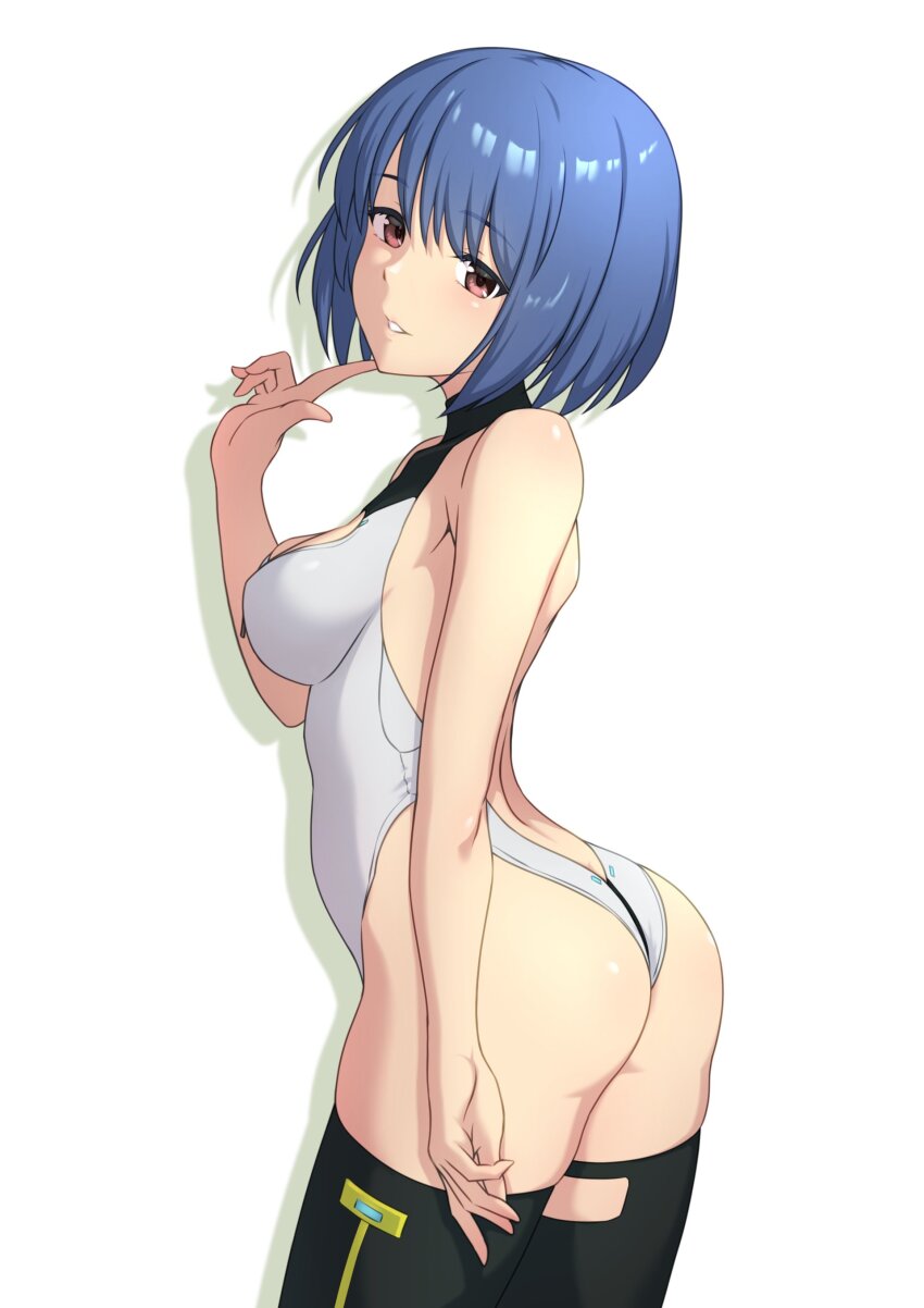 1girl absurdres alice_gear_aegis ass backless_leotard black_thighhighs blue_hair brown_eyes circle_cutout cleavage_cutout clothing_cutout companion/af covered_collarbone cowboy_shot front_zipper full-length_zipper heattech_leotard highleg highleg_leotard highres hutokumi leotard matoba_aoi parted_lips race_queen short_hair simple_background sleeveless_turtleneck_leotard solo thighhighs turtleneck two-tone_leotard white_background white_leotard zipper zipper_leotard zipper_pull_tab