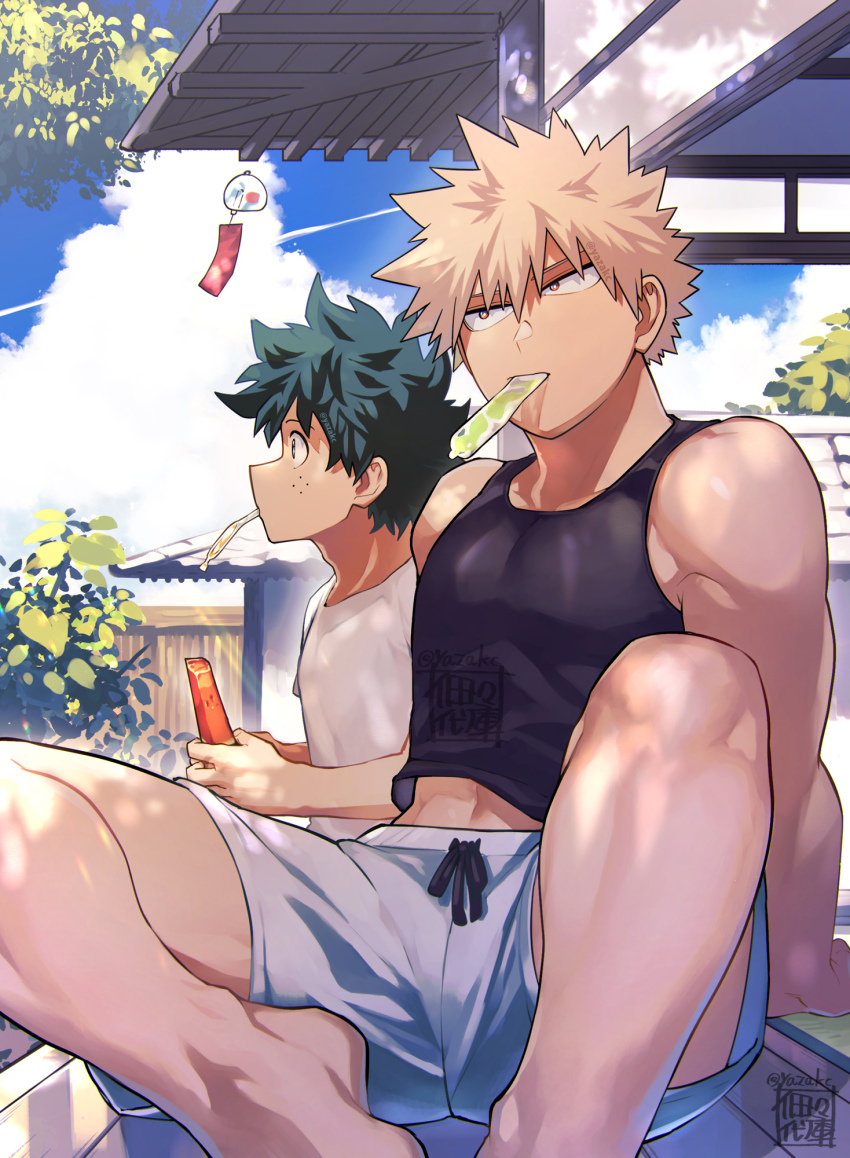 2boys bakugou_katsuki bare_legs barefoot black_tank_top blonde_hair boku_no_hero_academia feet food food_in_mouth freckles fruit green_eyes green_hair highres holding holding_food holding_fruit male_focus midoriya_izuku midriff mouth_hold multiple_boys navel popsicle popsicle_in_mouth red_eyes short_hair shorts spiked_hair tank_top toes watermelon white_shorts yaoi yazaki_(yazakc)