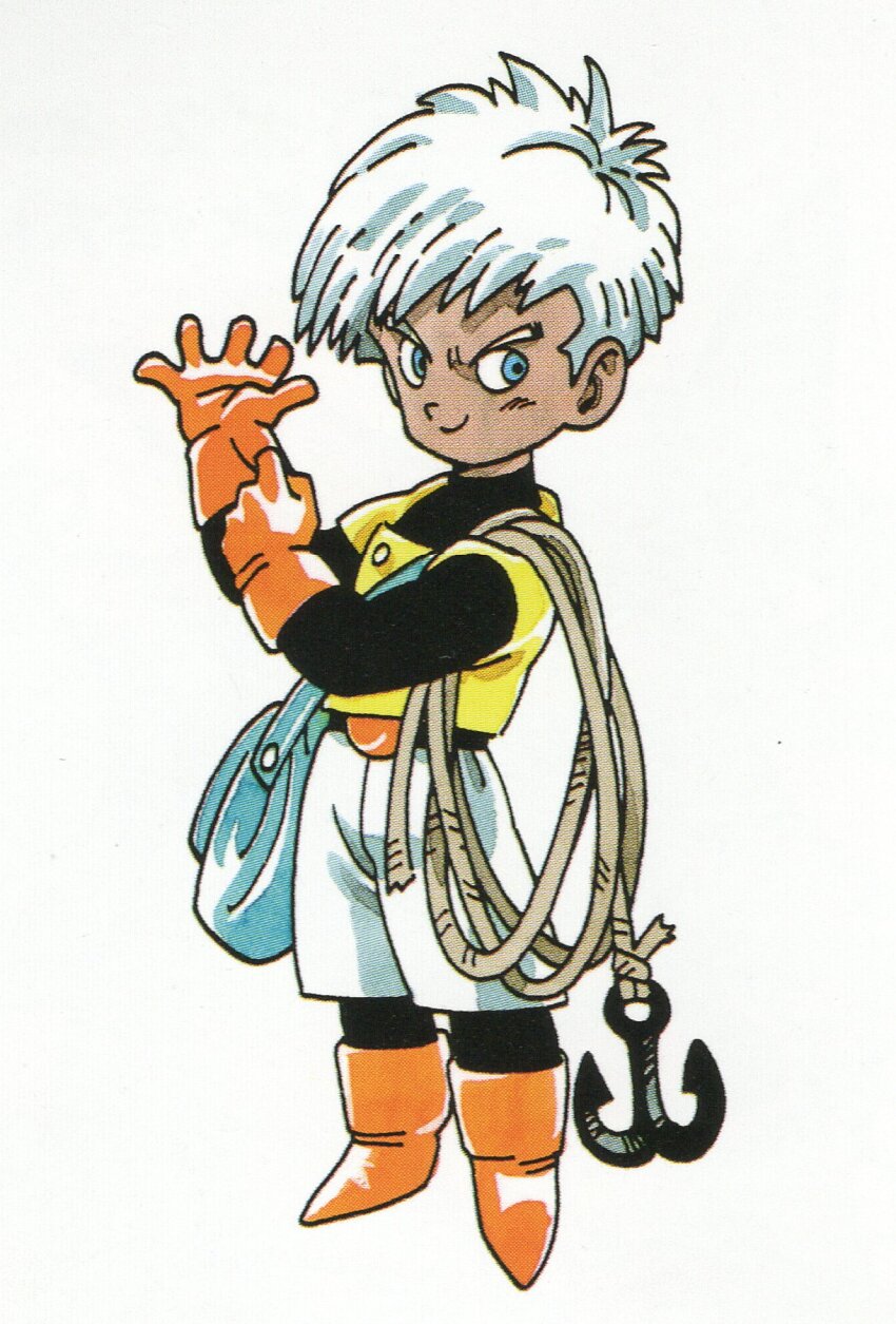 1boy adjusting_clothes adjusting_gloves bag black_bodysuit blue_bag blue_eyes bodysuit boots chibi closed_mouth dark-skinned_male dark_skin dragon_quest dragon_quest_iii gloves grappling_hook highres looking_to_the_side male_focus official_art orange_footwear orange_gloves scan short_hair shorts shoulder_bag smile solo thief_(dq3) third-party_source toriyama_akira vest white_background white_hair white_shorts yellow_vest