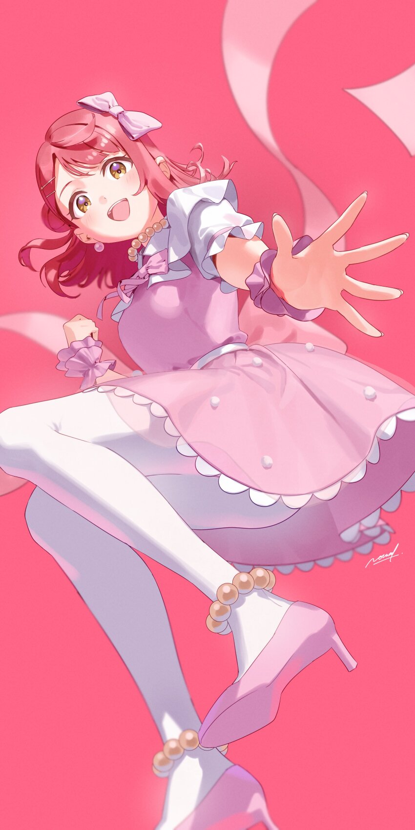 1girl :d absurdres anklet bow dot_nose dress floating_hair frilled_cuffs hair_bow high_heels highres idol jewelry koiori looking_at_viewer love_live! love_live!_nijigasaki_high_school_idol_club medium_dress medium_hair necklace open_mouth pearl_anklet pearl_necklace pink_background pink_bow pink_dress pink_footwear pink_wrist_cuffs reaching reaching_towards_viewer red_hair short_sleeves signature simple_background smile solo spread_fingers thighhighs uehara_ayumu white_thighhighs wrist_cuffs yellow_eyes