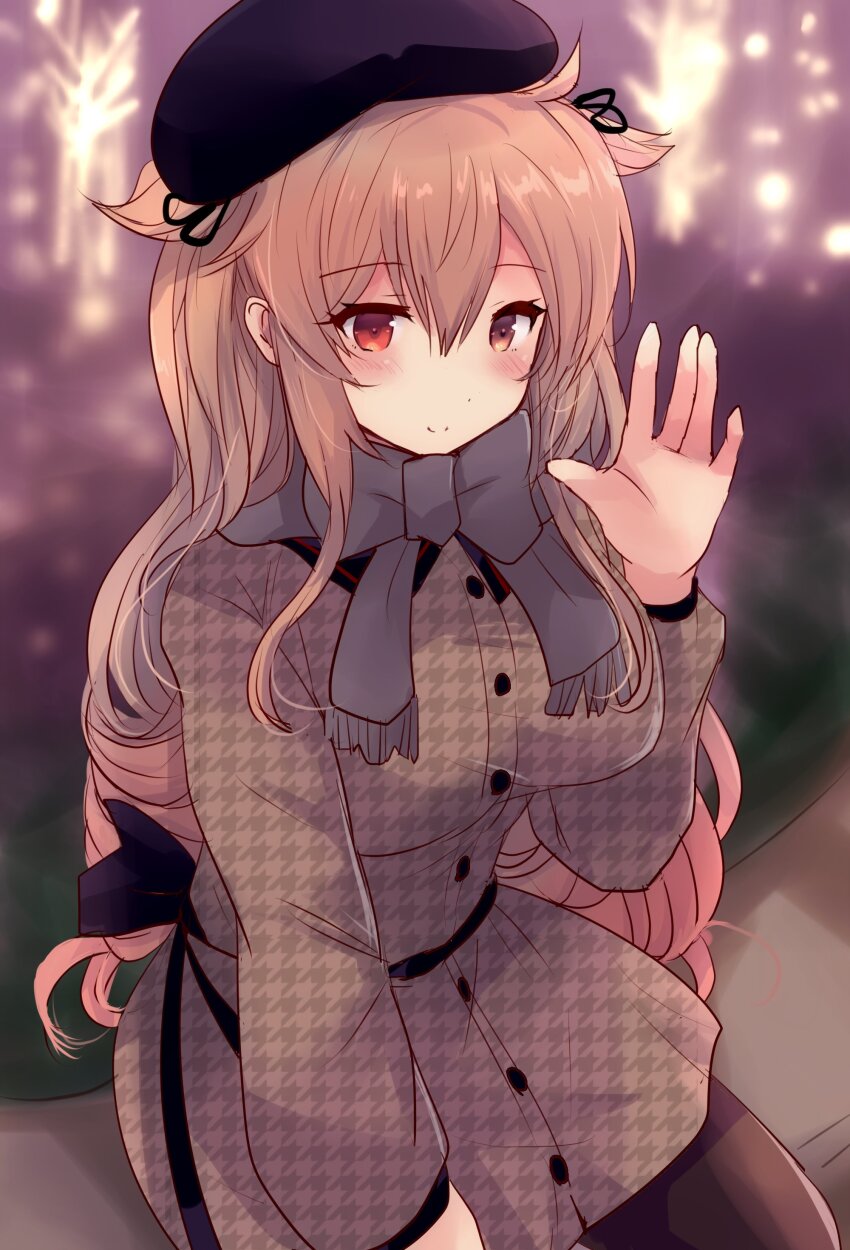 1girl absurdres alternate_costume beret black_hat brown_coat brown_eyes coat grey_scarf hair_flaps hat heterochromia highres hirune_(konekonelkk) houndstooth kantai_collection light_brown_hair long_hair looking_at_viewer murasame_(kancolle) murasame_kai_ni_(kancolle) red_eyes scarf solo two_side_up unmoving_pattern waving