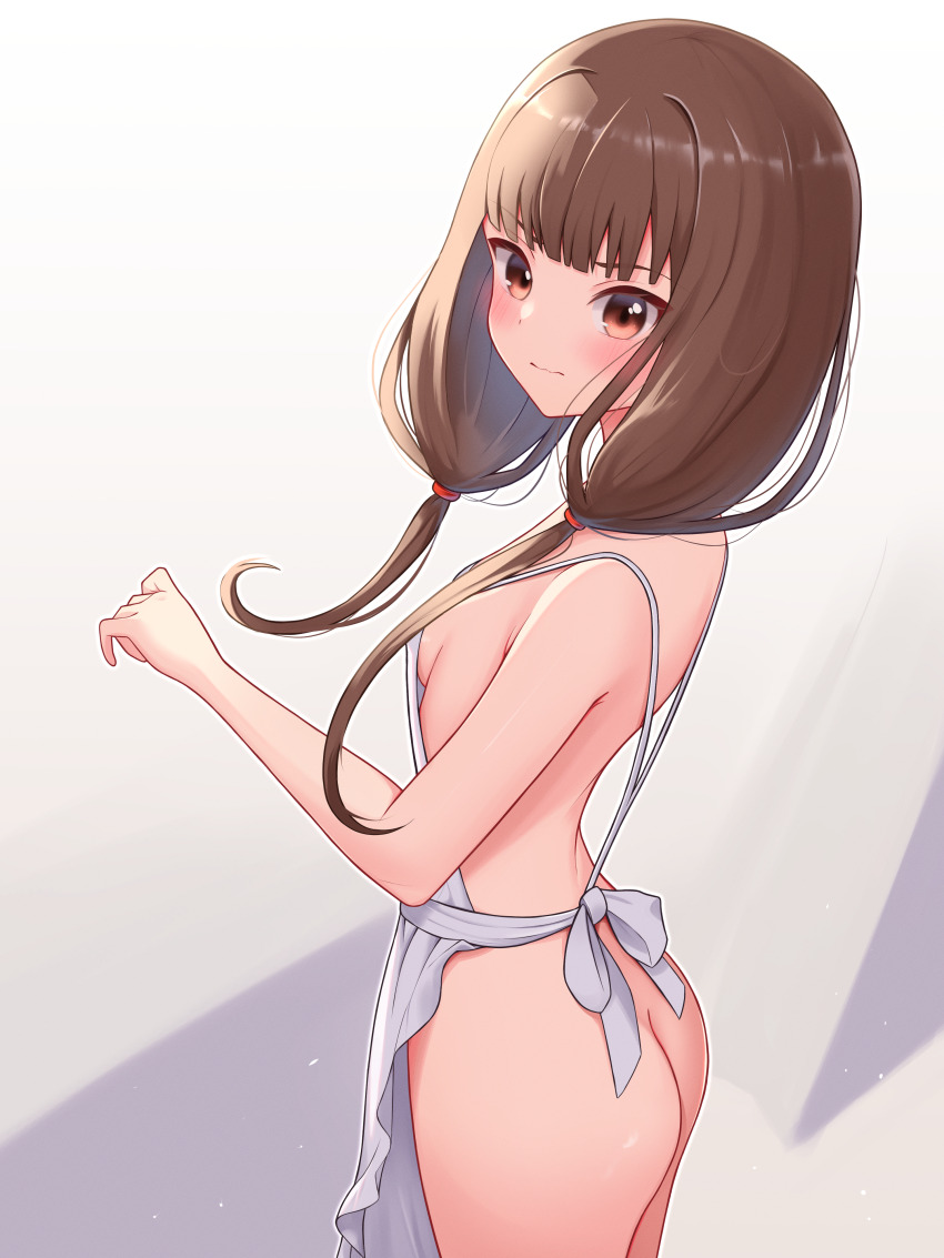 1girl absurdres apron ass blush breasts brown_eyes brown_hair closed_mouth cowboy_shot from_side grey_background highres iino_miko kaguya-sama_wa_kokurasetai_~tensai-tachi_no_renai_zunousen~ long_hair looking_at_viewer low_twintails moriforests naked_apron small_breasts solo twintails white_apron white_background