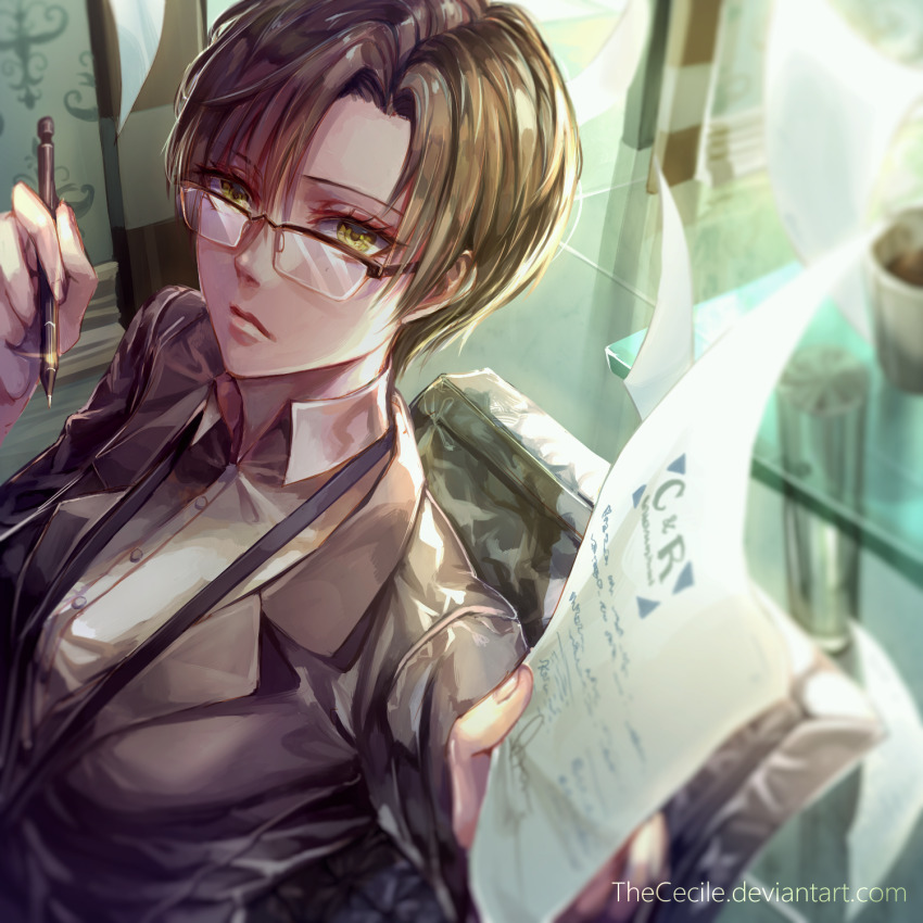 1girl black_jacket brown_hair chair coffee_mug commentary cup deviantart_username english_commentary eyelashes flying_paper glass_table highres holding holding_paper holding_pen indoors jacket kang_jaehee lanyard looking_at_viewer mug office_lady outstretched_arm paper pen shirt solo susanghan_messenger table the_cecile upper_body white_shirt yellow_eyes