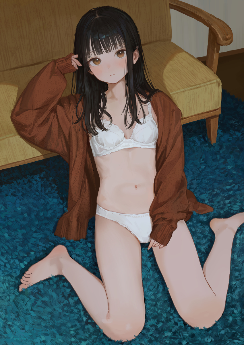 1girl absurdres akipeko barefoot black_hair blue_carpet blunt_bangs bra breasts brown_eyes brown_jacket closed_mouth couch feet highres indoors jacket living_room long_hair long_sleeves looking_at_viewer navel on_floor open_clothes open_jacket original panties sitting sleeves_past_wrists small_breasts solo stomach thighs toes underwear white_bra white_panties